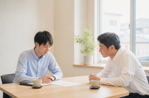 夕方の会議室で、若手の現場監督が工事部長に静かに相談している場面