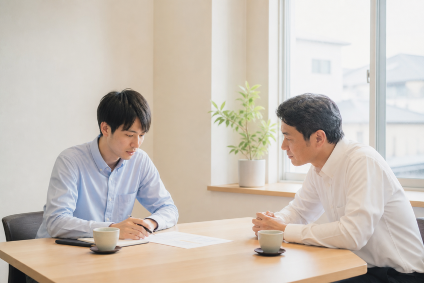 夕方の会議室で、若手の現場監督が工事部長に静かに相談している場面