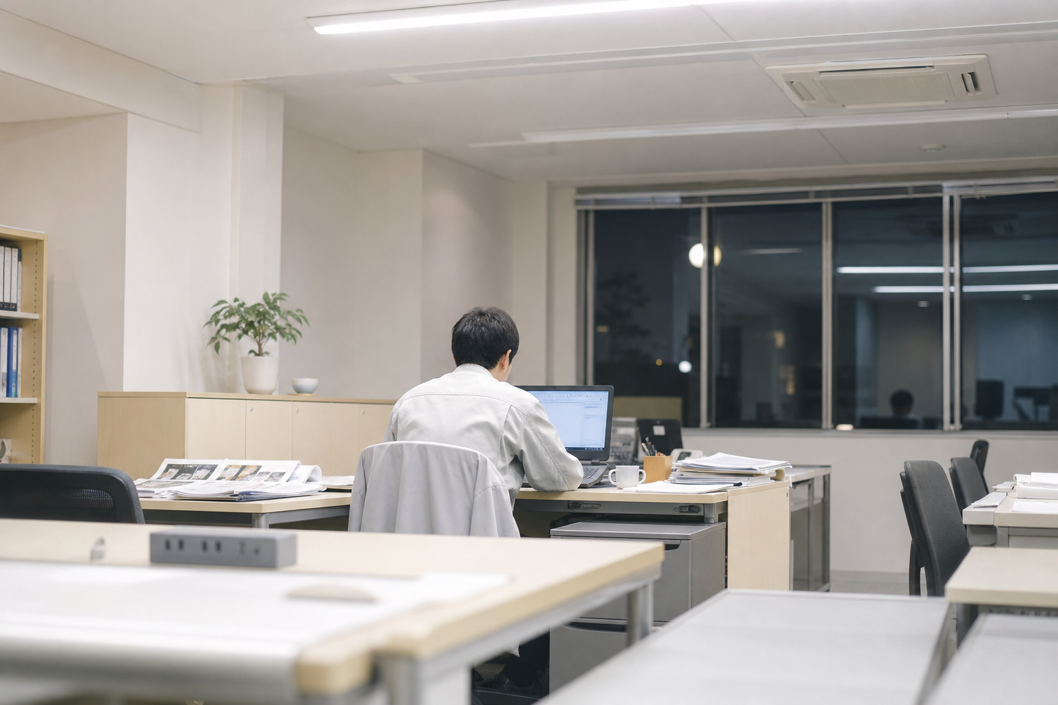 夜8時過ぎ、無人の事務所で1人だけ残って書類作業をしている若手監督の後ろ姿