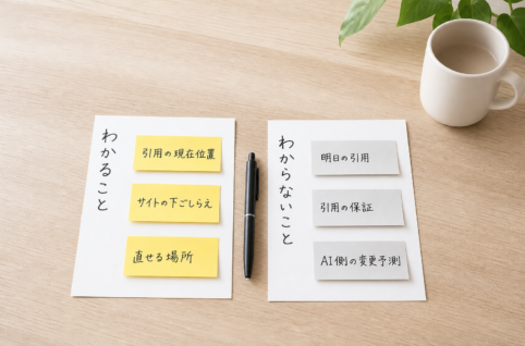 「わかること」「わからないこと」と書かれた2枚のカードが机の上に並べられ、それぞれに項目の付箋が貼られたフラットレイ俯瞰イメージ
