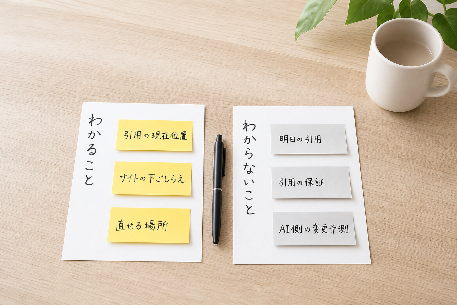 「わかること」「わからないこと」と書かれた2枚のカードが机の上に並べられ、それぞれに項目の付箋が貼られたフラットレイ俯瞰イメージ