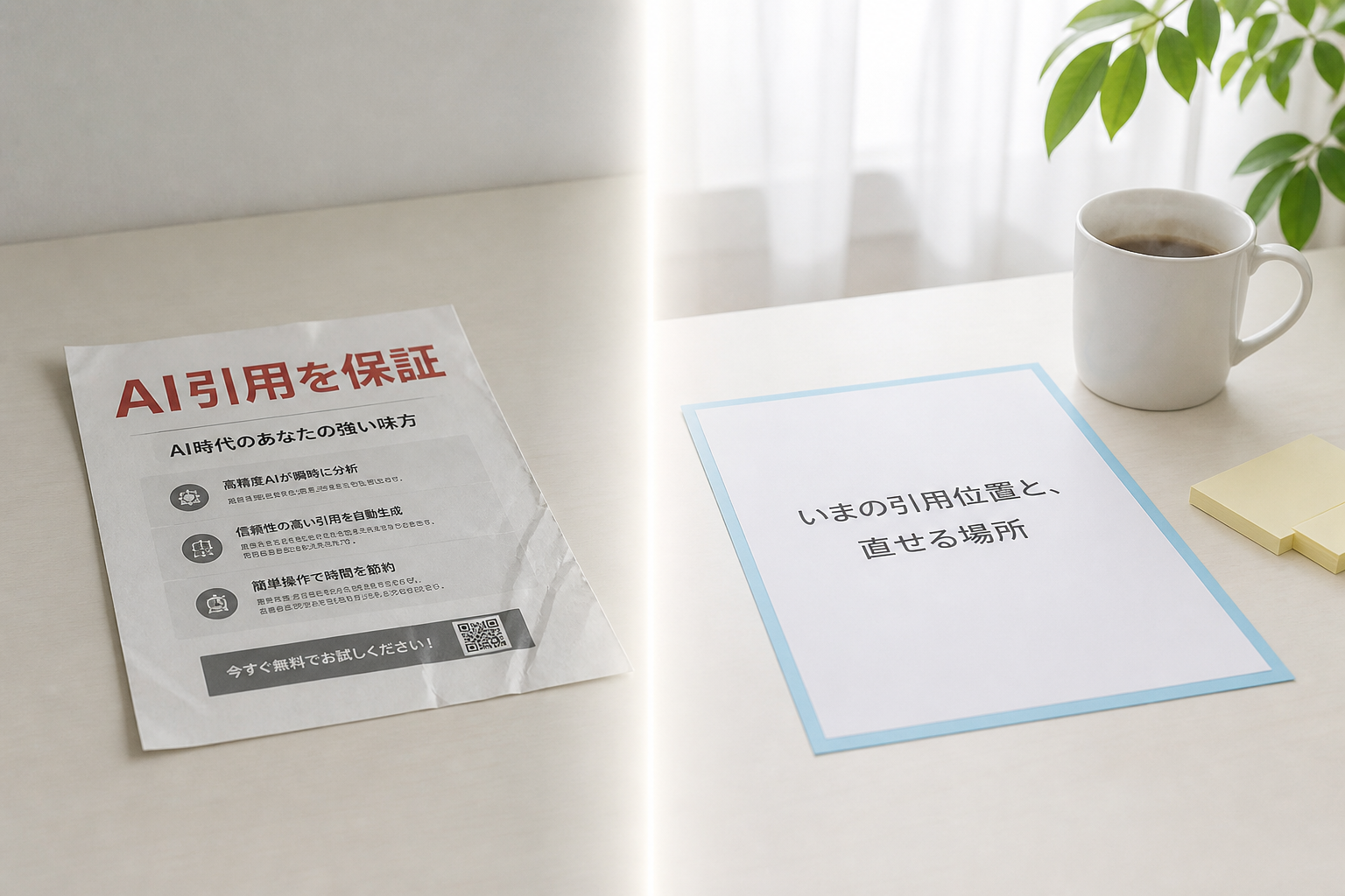 左は「AI引用を保証」と印刷されたチラシ、右は「いまの引用位置と、直せる場所」と書かれたレポート用紙が並ぶ、保証と見える化の対比イメージ