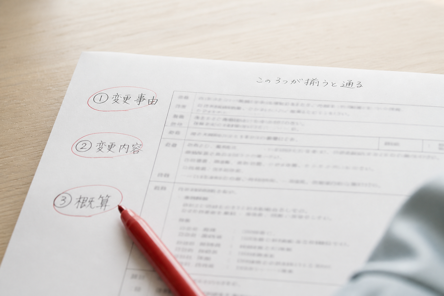 変更協議資料のページに「①変更事由」「②変更内容」「③概算」の3見出しが並び、それぞれに赤ペンで丸印が付けられているクローズアップ