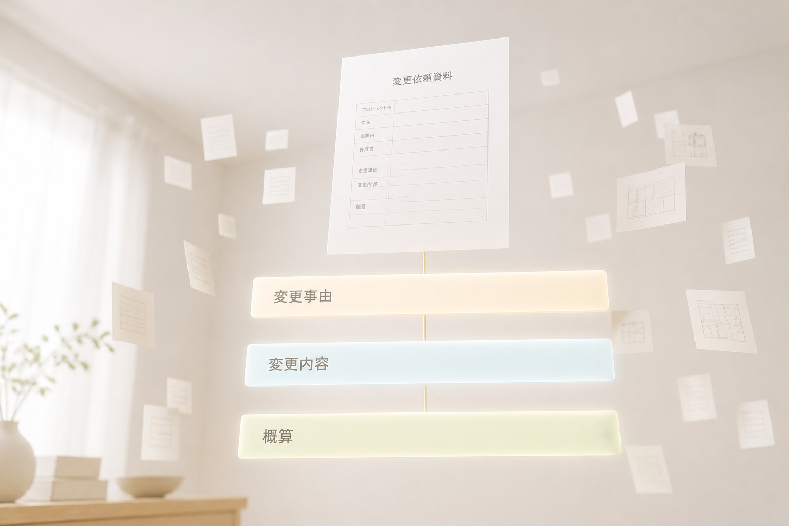 1つの変更協議資料が「変更事由」「変更内容」「概算」の3つの層でできていることを示す抽象イメージ