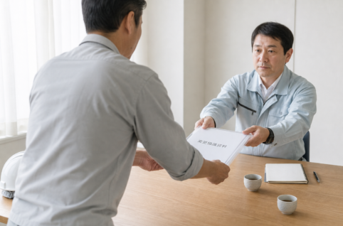 現場所長が発注者事務所で監督員に変更協議資料一式を手渡している瞬間