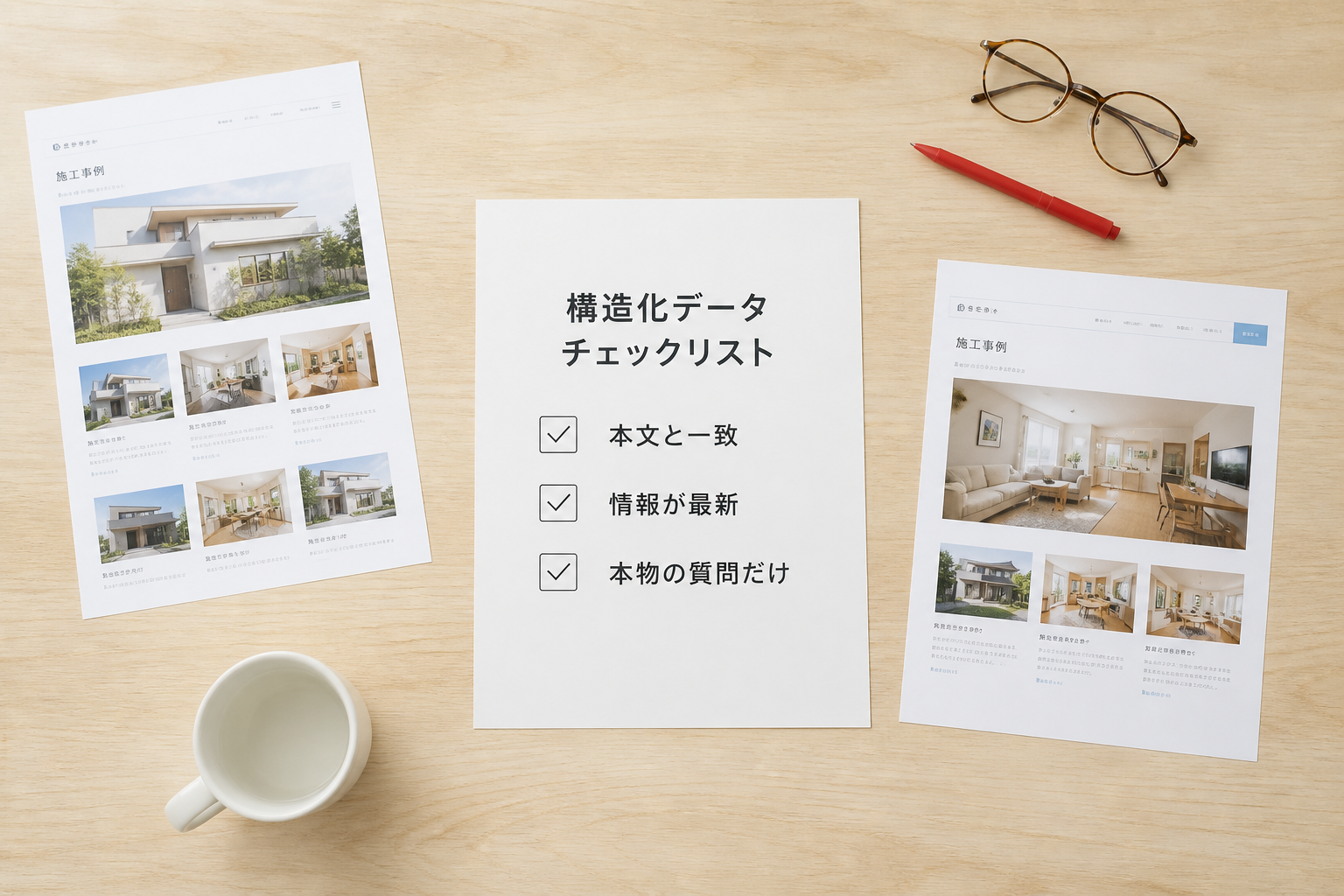 3つのチェック項目が並んだ構造化データチェックリストと住宅会社サイトの印刷を真上から見た俯瞰