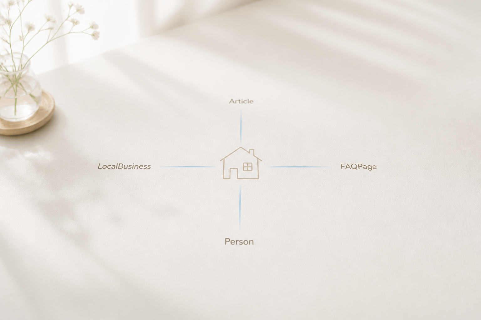 住宅会社サイトの家のシルエットからArticle・LocalBusiness・FAQPage・Personの4本の光の帯が伸びる抽象イメージ