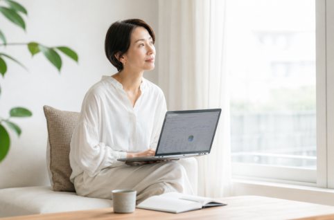 窓辺で30代後半の女性がノートPCのアクセス解析画面を見ながら一息ついているシーン