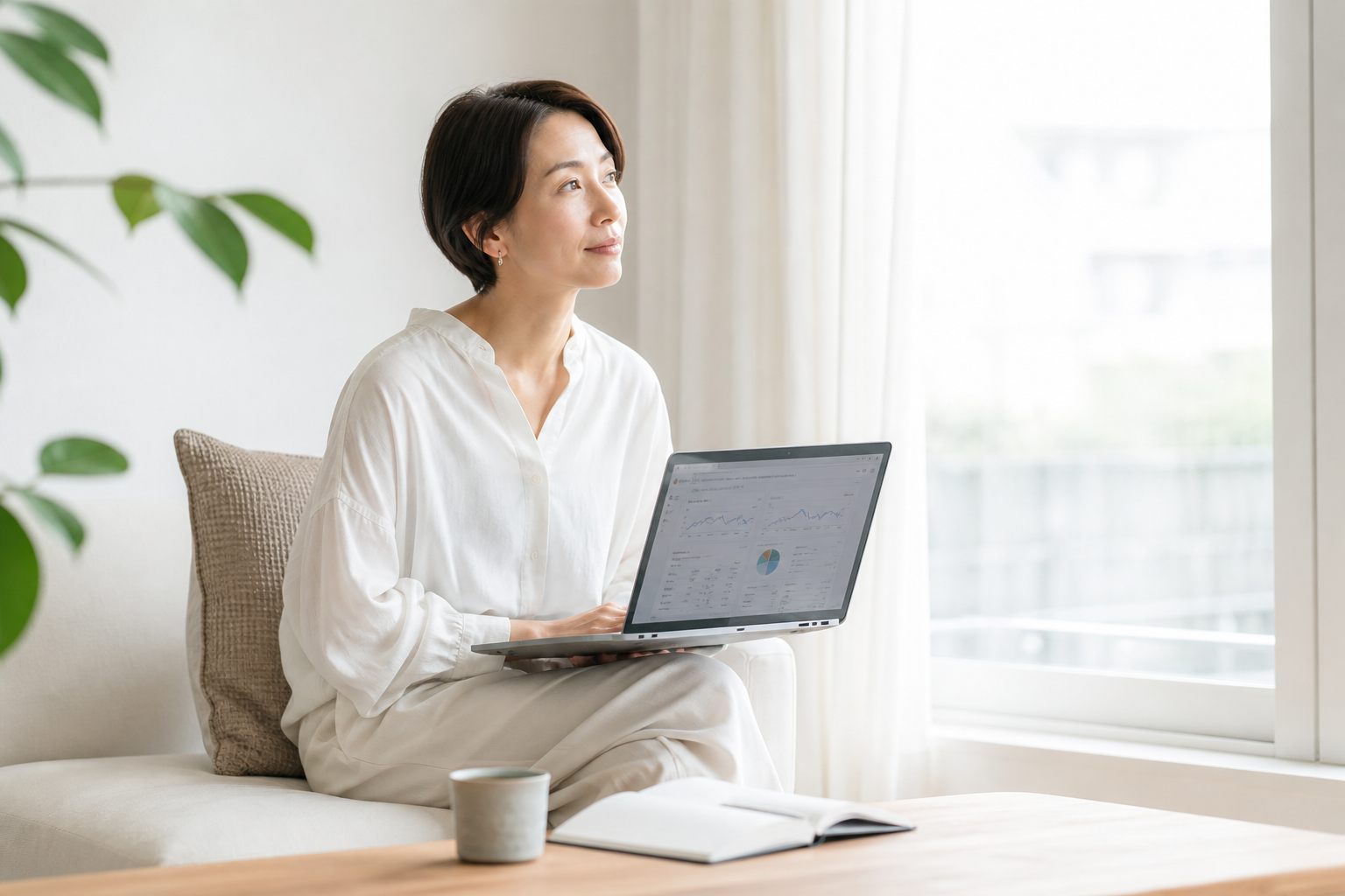 窓辺で30代後半の女性がノートPCのアクセス解析画面を見ながら一息ついているシーン