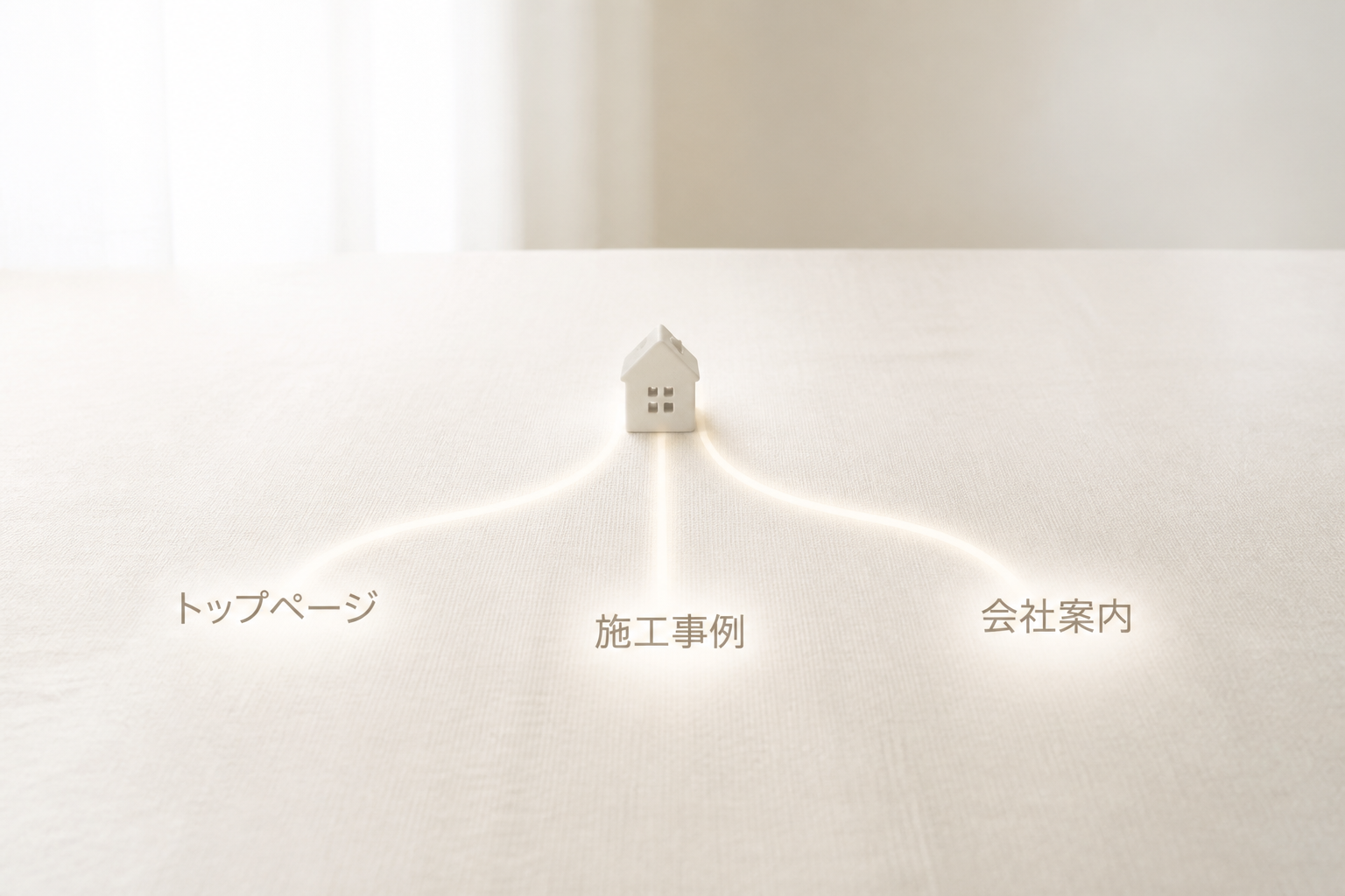 住宅のシルエットからトップページ/施工事例/会社案内の3本の光の帯が伸びる抽象データアート