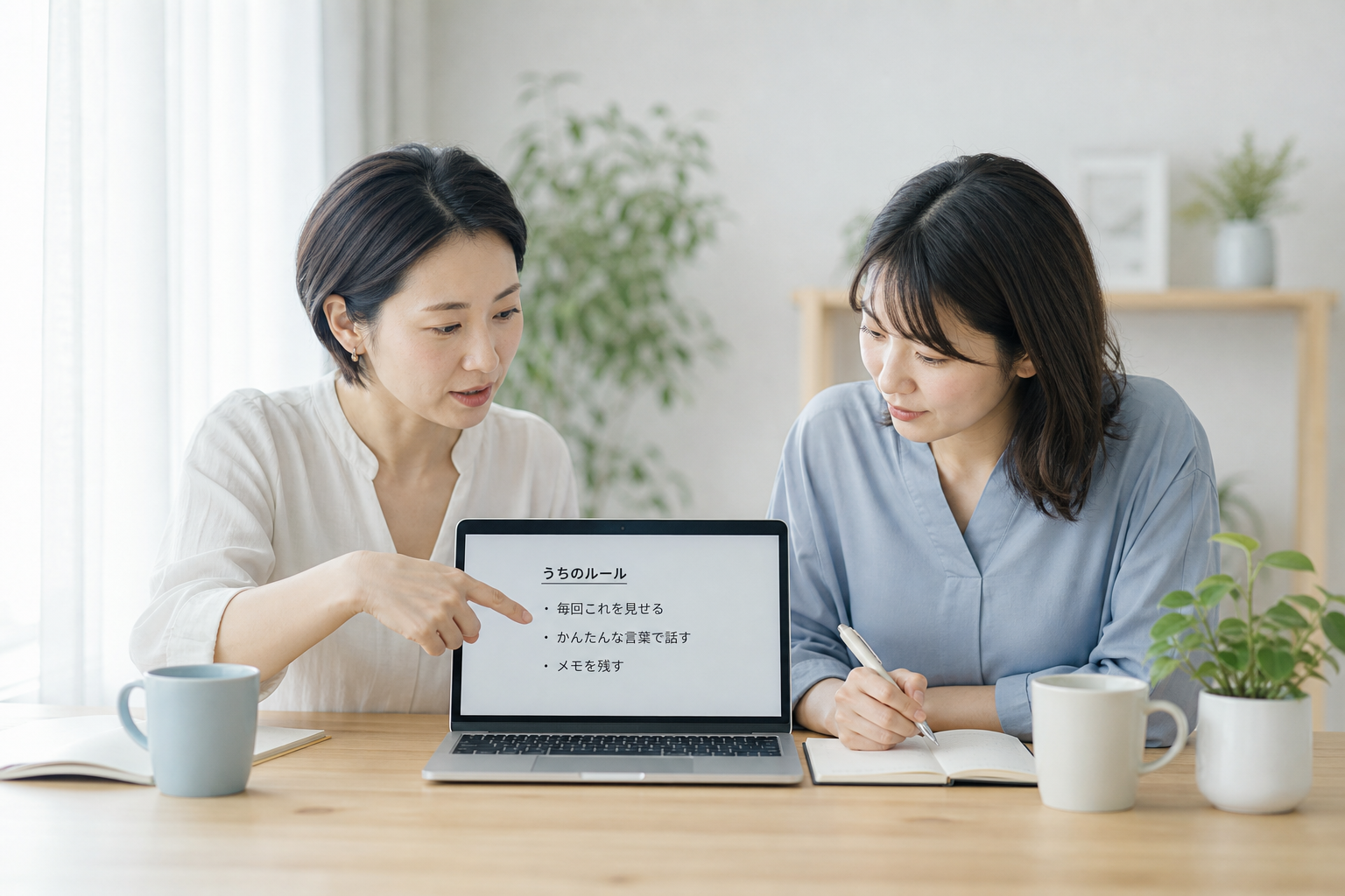 ノートパソコンで社内ルールのドキュメントを一緒に見ながら、AIへの渡し方を確認している場面