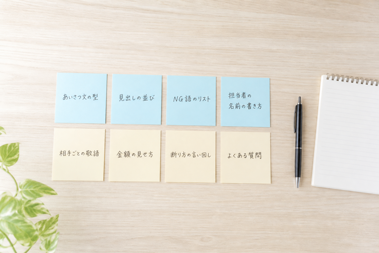 机の上に社内ルールを書き出した付箋を色分けして並べた俯瞰イメージ
