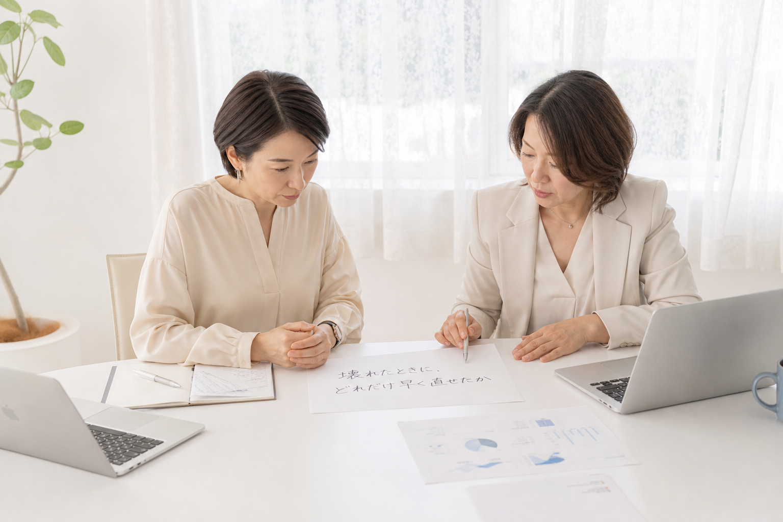 紙に書かれた「壊れたときに、どれだけ早く直せたか」を挟んで話している場面