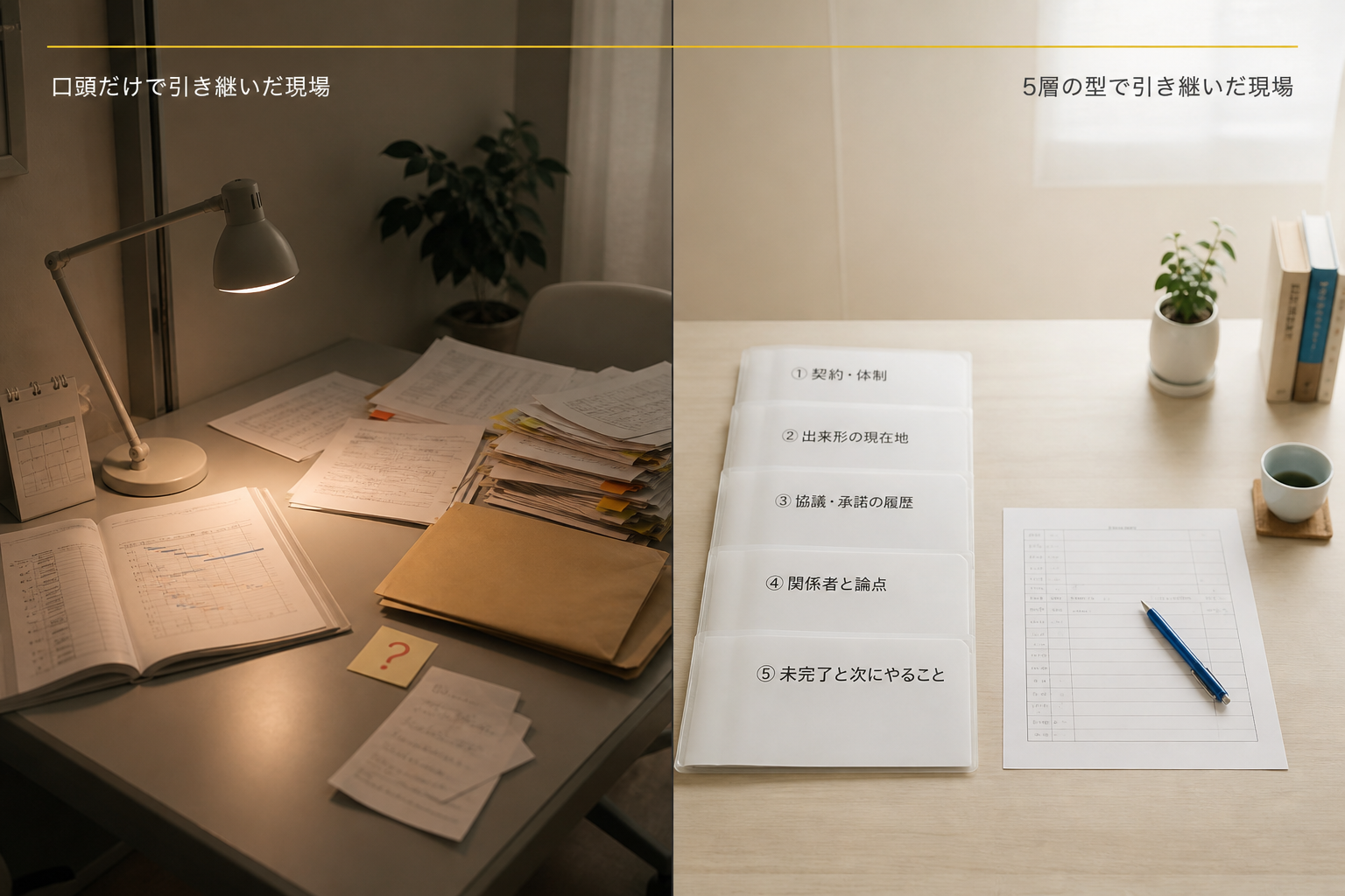 口頭引き継ぎだけで交代した机と、5層の引き継ぎ書で整えて交代した机の左右対比