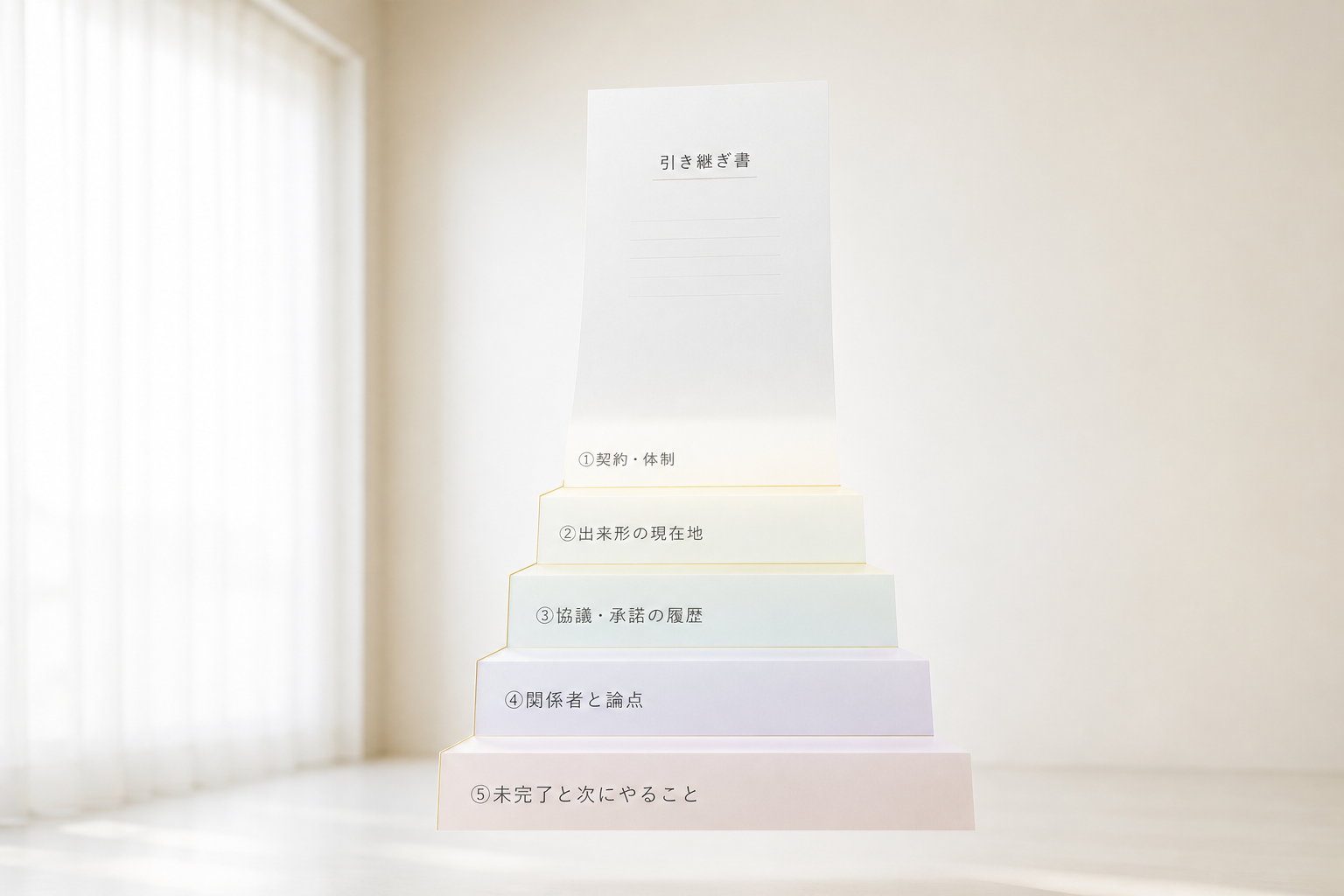 現場代理人の引き継ぎ書が「契約・体制」「出来形の現在地」「協議・承諾の履歴」「関係者と論点」「未完了と次にやること」の5層でできていることを示す抽象イメージ