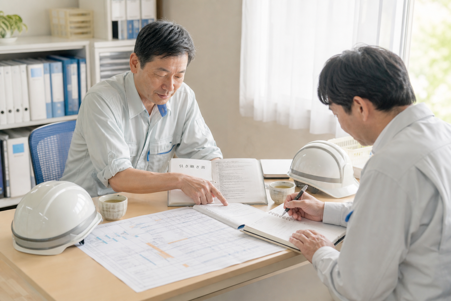 現場事務所で前任所長と後任所長が引き継ぎ書を開いて1行ずつ確認している並行期間の様子