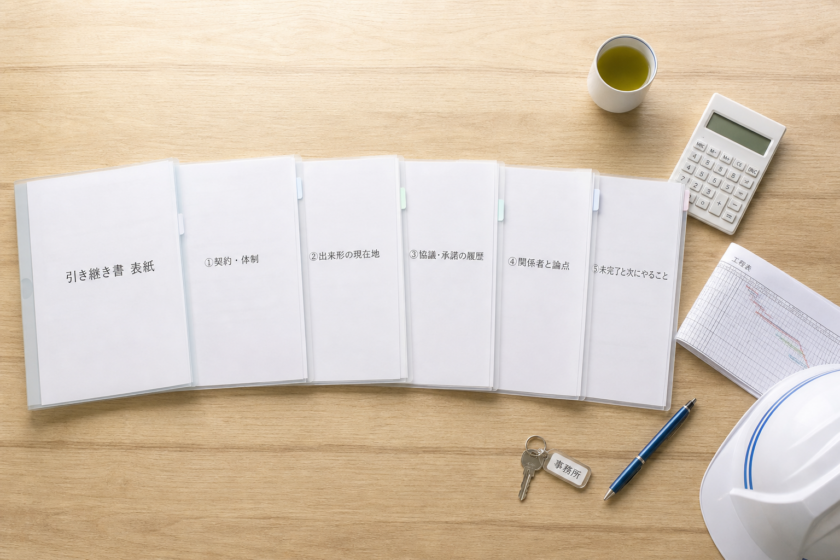 現場代理人の引き継ぎ書5点セット（契約・体制／出来形の現在地／協議・承諾の履歴／関係者と論点／未完了と次にやること）が机の上にフラットレイで並んだ真俯瞰写真