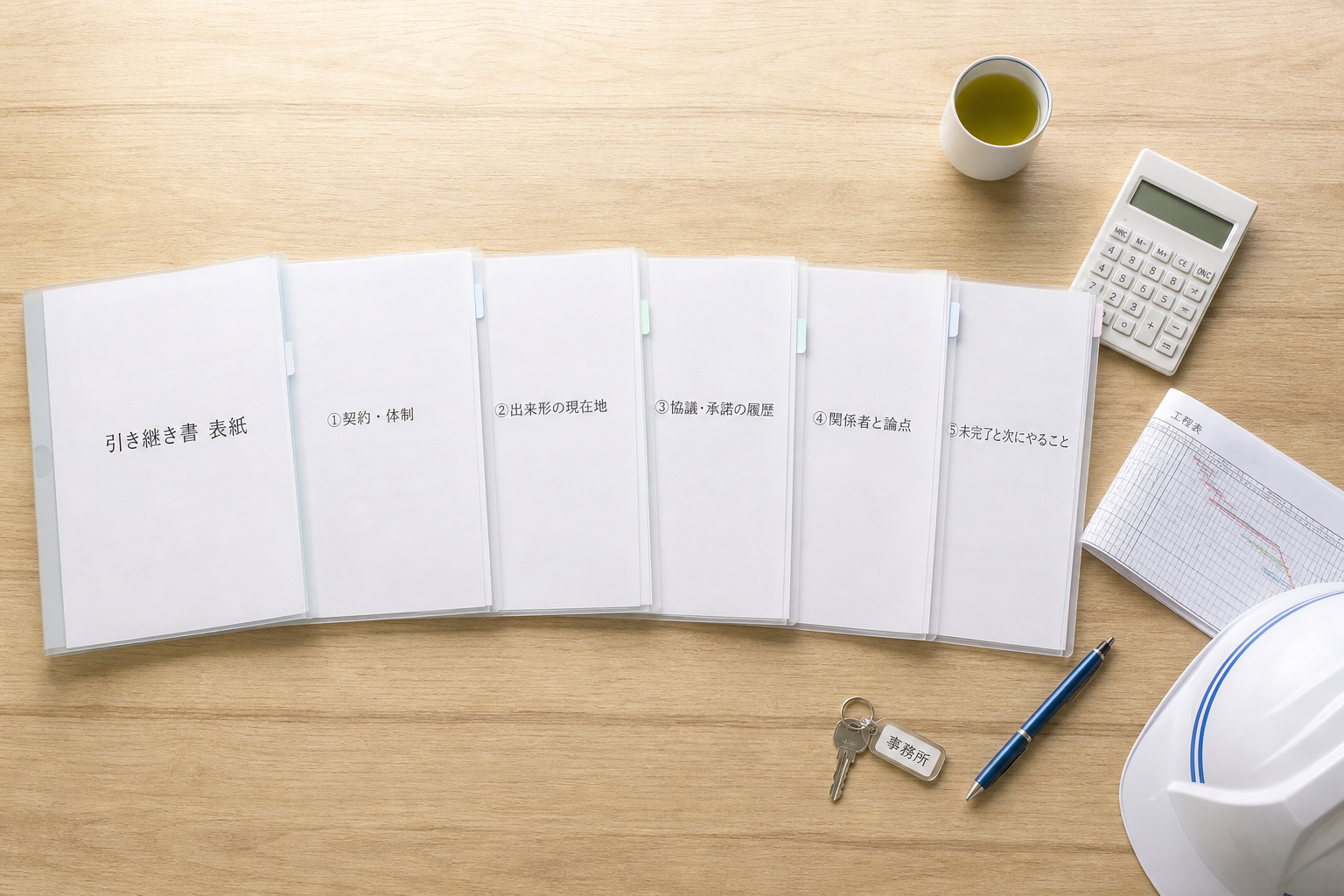 現場代理人の引き継ぎ書5点セット（契約・体制／出来形の現在地／協議・承諾の履歴／関係者と論点／未完了と次にやること）が机の上にフラットレイで並んだ真俯瞰写真