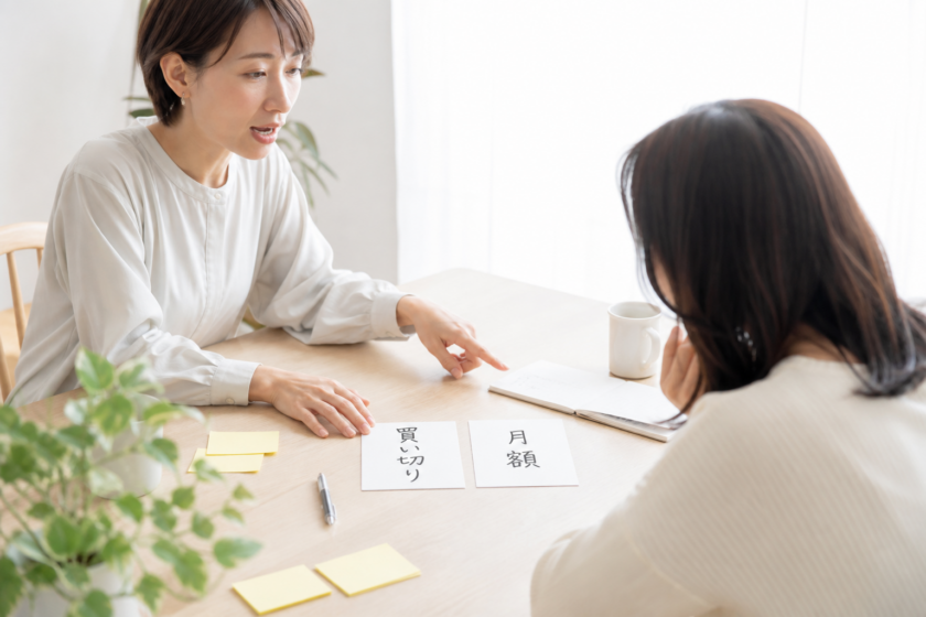 机の中央に「買い切り」「月額」と書かれた2枚のカードを並べ、2人の担当者が指差しながら向き不向きを話し合っている打ち合わせの一場面