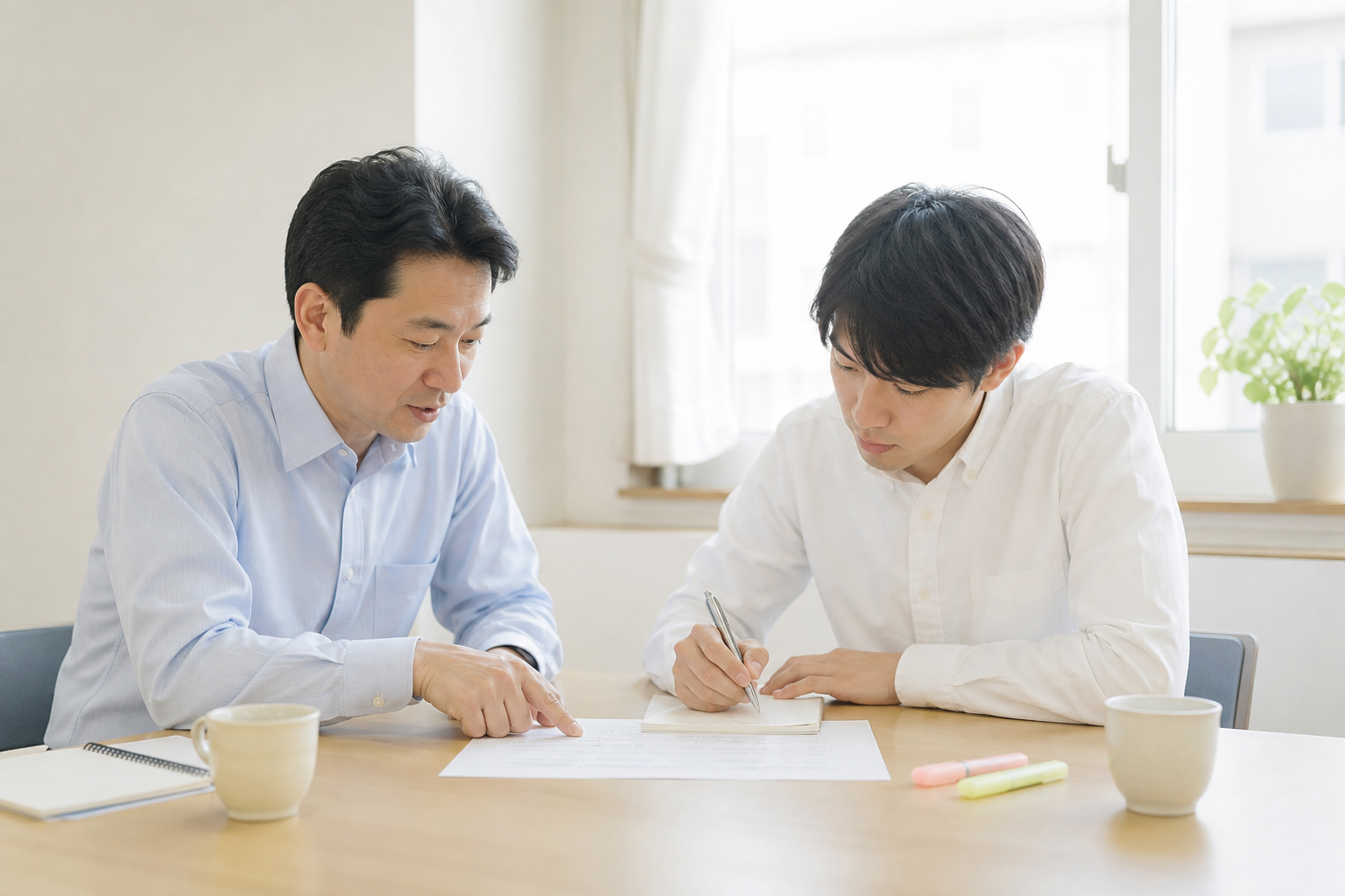 現場事務所で、所長が若手の書いた日報を1行ずつ指でなぞりながら教えている場面