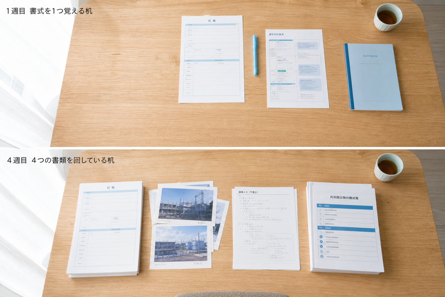 1週目に日報1つを覚える机と、4週目に4種類の書類を回している机の俯瞰対比