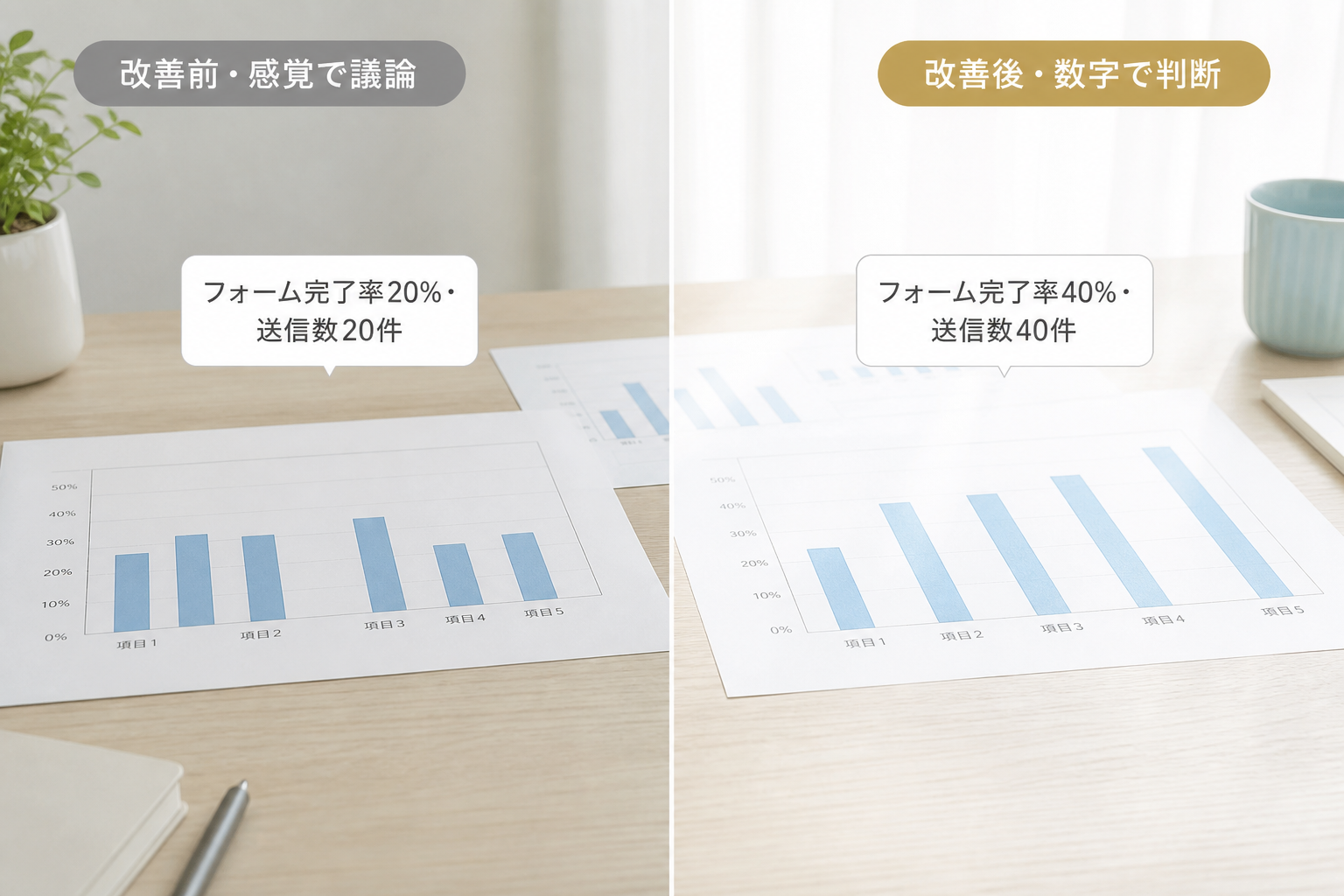 フォーム完了率が20%から40%に上がったときの送信数の変化を左右で対比するビフォーアフター。左は感覚での議論、右は数字での判断