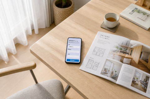 住宅会社のフォームを途中まで入力してスマホをデスクに置いたまま席を立った様子を俯瞰で捉えた不在のカット