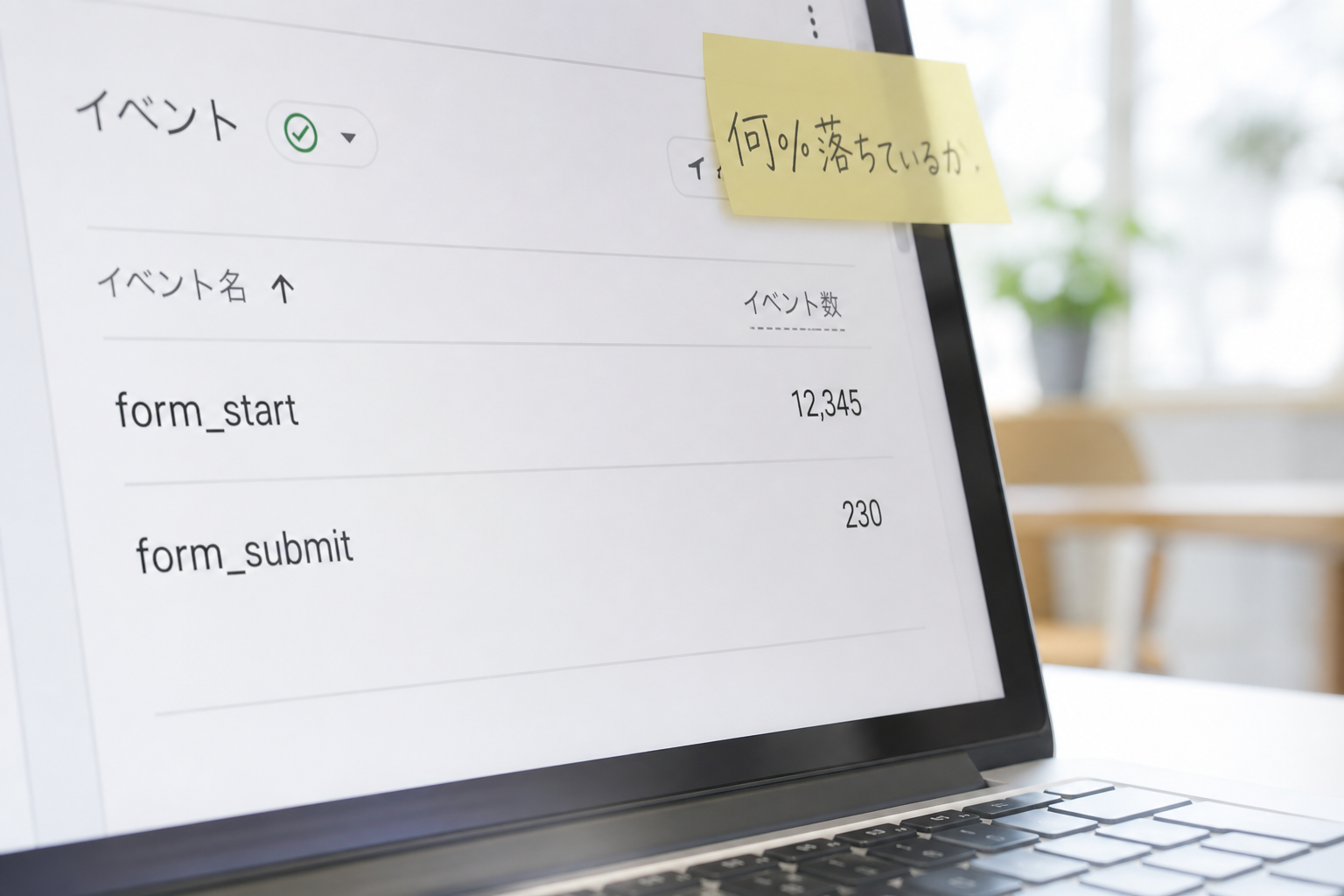 GA4管理画面のform_startとform_submitイベントを至近距離で捉えたマクロ接写。付箋に何%落ちているかと書かれている
