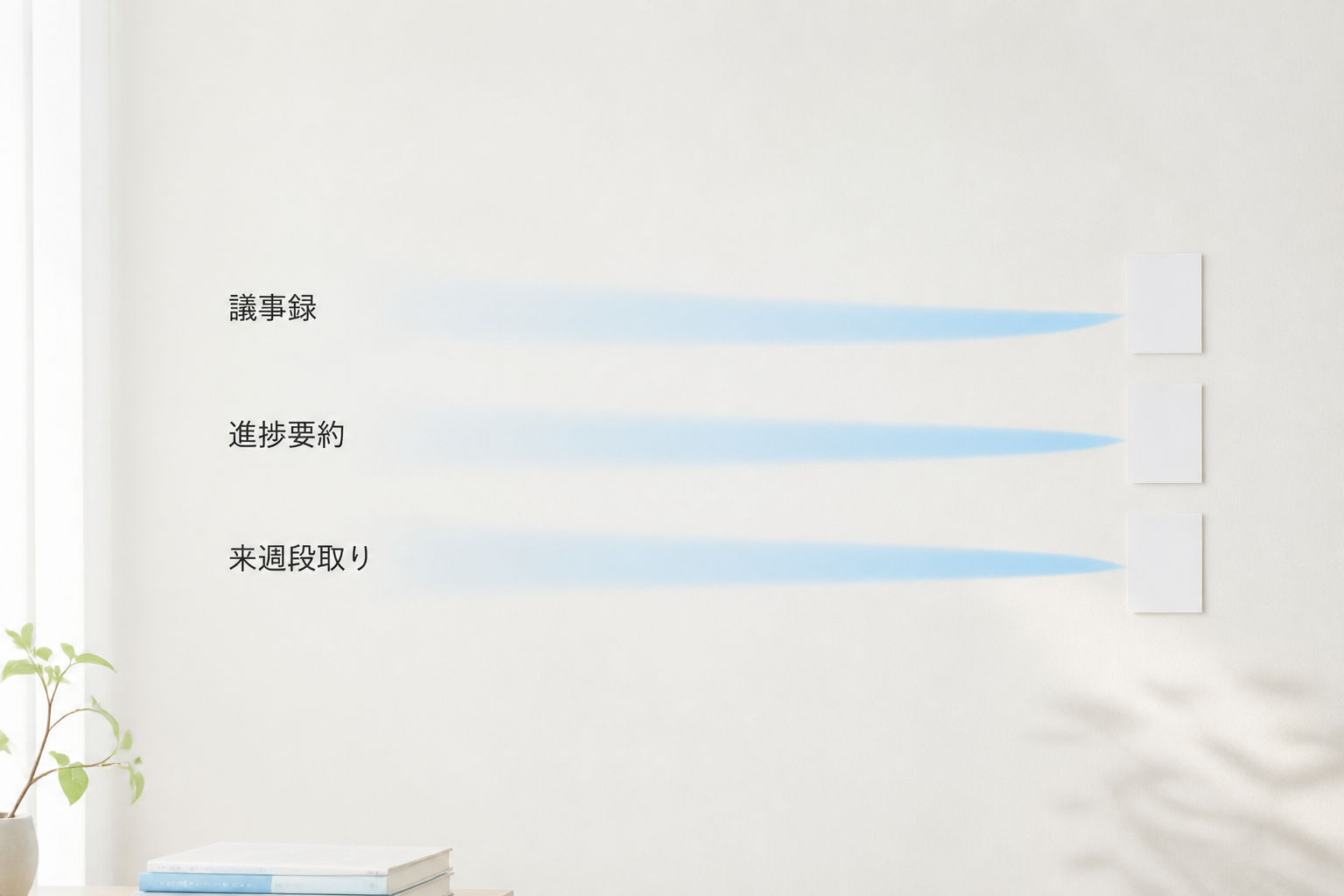 工程会議で毎週使う3つのプロンプト（議事録／進捗要約／来週段取り）を光の帯で示した抽象イメージ