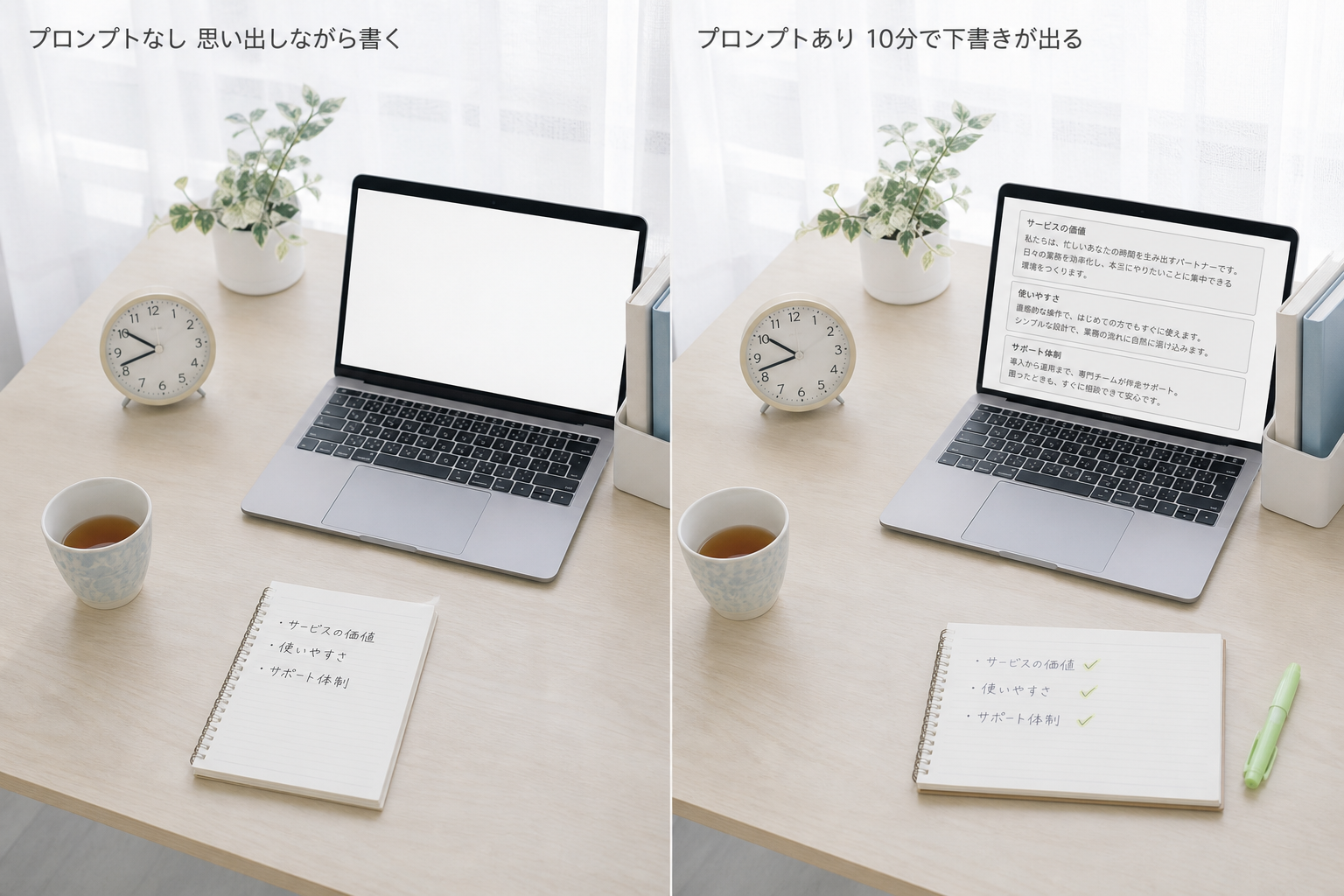 プロンプトなしで思い出しながら書く机と、プロンプトありで10分後に下書きが出ている机の左右対比