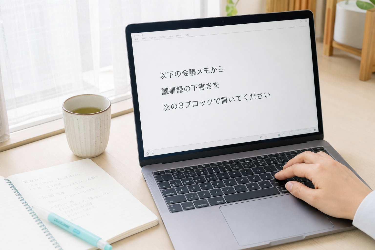 ノートPCの画面にコピペしたプロンプトの見本と、手を添えた現場所長の手元