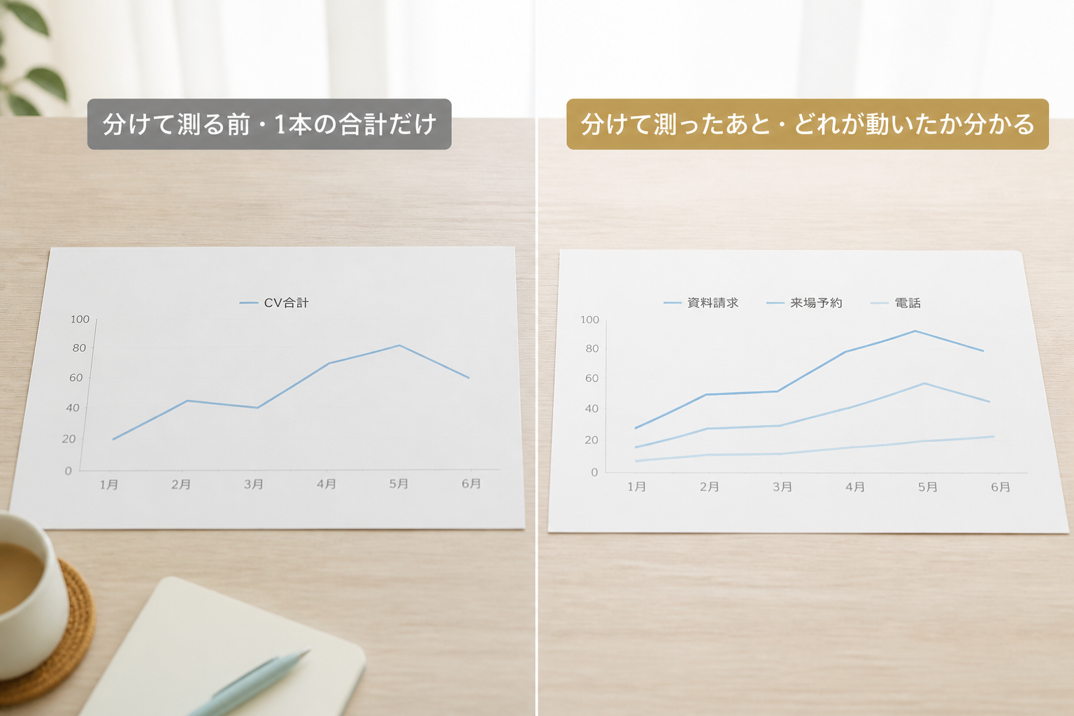 コンバージョンをCV合計1本だけで見ていた状態と、資料請求・来場予約・電話の3本の折れ線に分けて見る状態を左右で対比するビフォーアフター