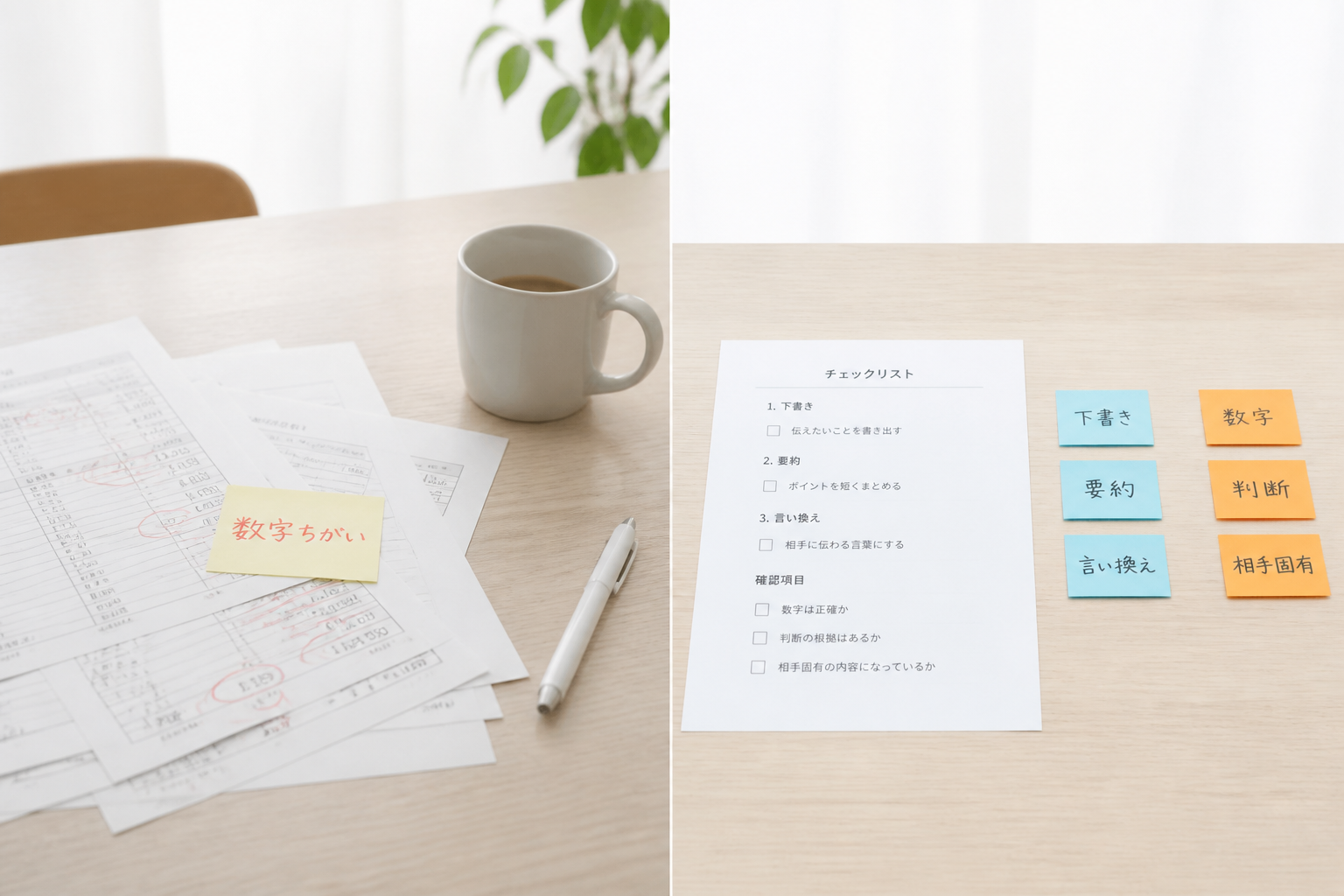 任せる範囲を決める前の乱雑な机と、線引き後の整った机の左右対比