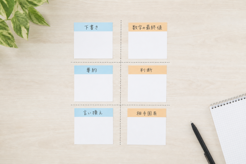 机の上に、AIに任せてよかった3枚のカードと任せられなかった3枚のカードが左右に並んだ俯瞰