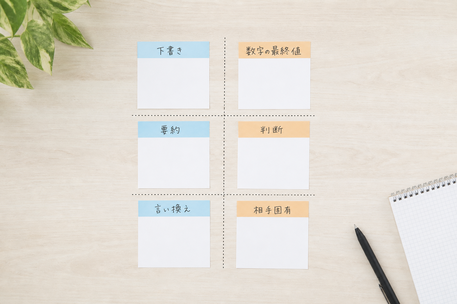 机の上に、AIに任せてよかった3枚のカードと任せられなかった3枚のカードが左右に並んだ俯瞰