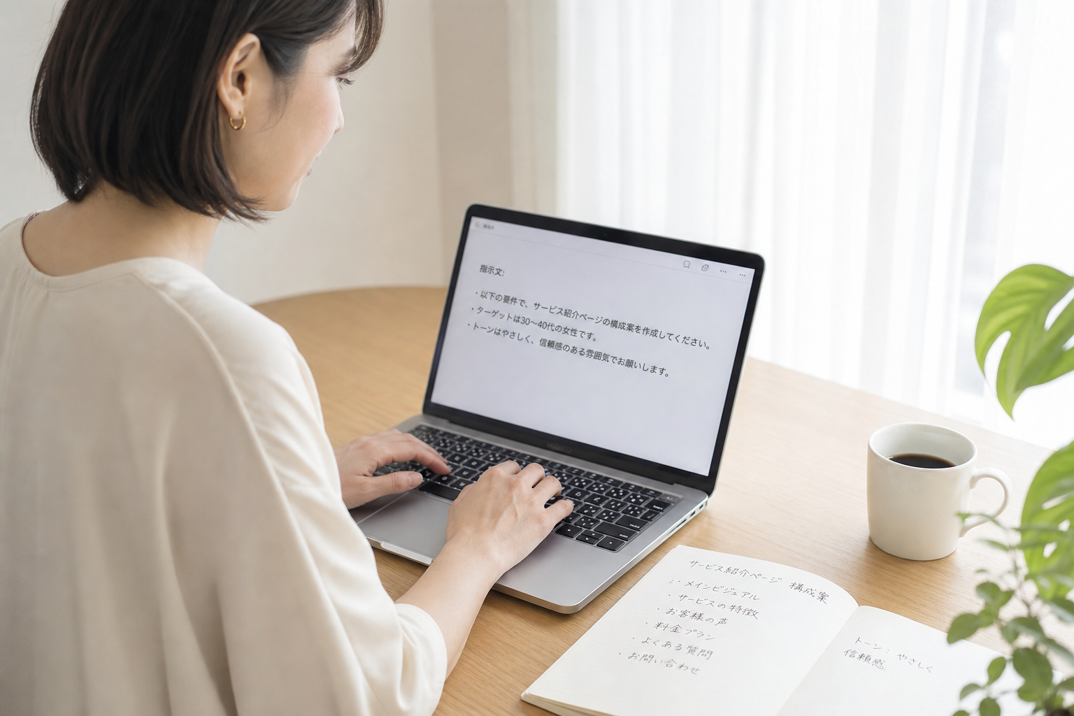 紙のメモを見ながらAIに指示文を書き込んでいる場面