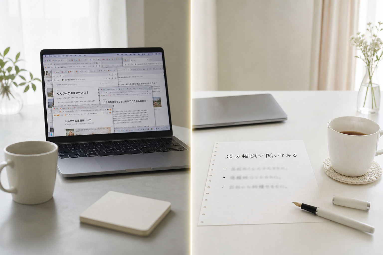 相談前に何を聞くべきか分からず散らかった机と、相談準備が1枚のメモに整った机の対比イメージ