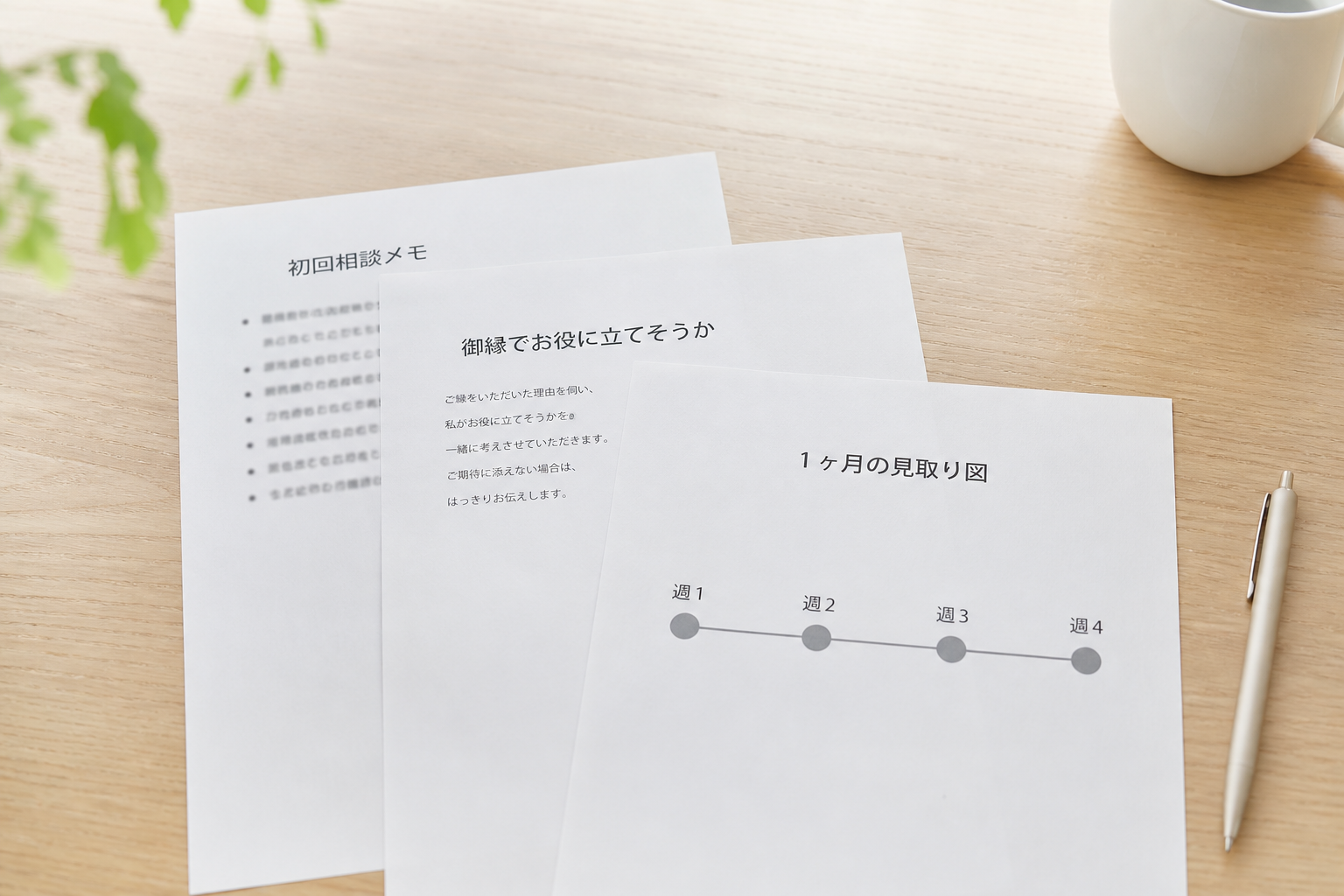 御縁が相談後に最初にお渡しする3種類の資料（相談メモ・お役立ちの判定・1ヶ月の見取り図）が机上に並ぶ接写イメージ