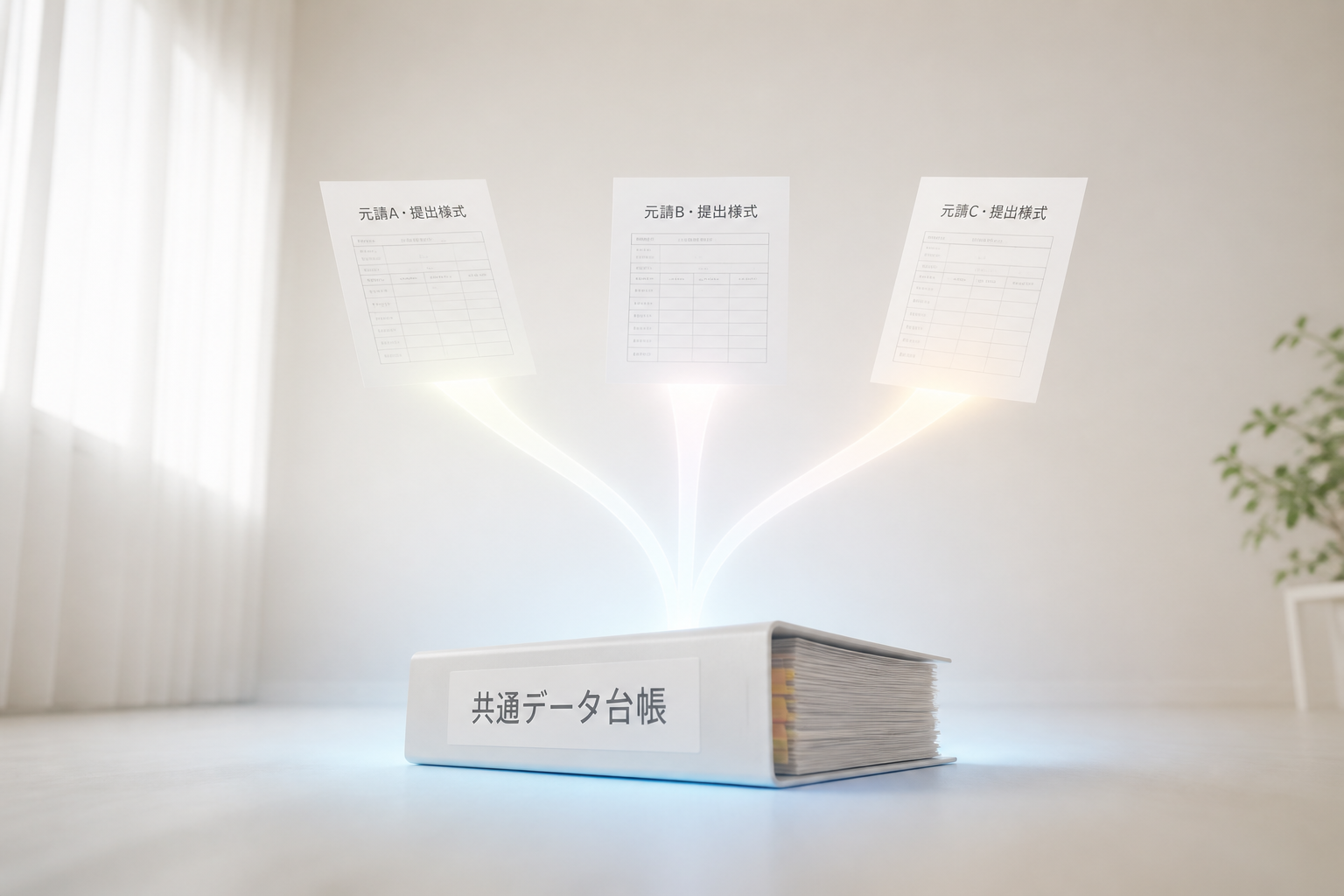 1冊の共通データ台帳から3社ぶんの元請提出様式へ光の帯が分岐する抽象イメージ。共通の源が1つあり、そこから各元請の様式へ埋め直す構造を示す
