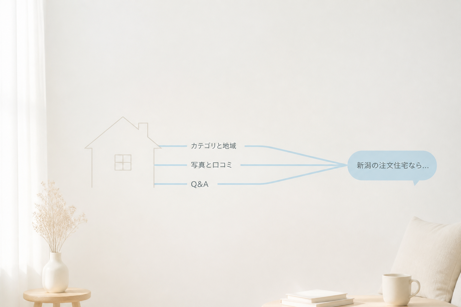 住宅会社の家のシルエットからカテゴリと地域・写真と口コミ・Q&Aの3本の光の帯が伸び、AIの吹き出しへ収束する抽象イメージ