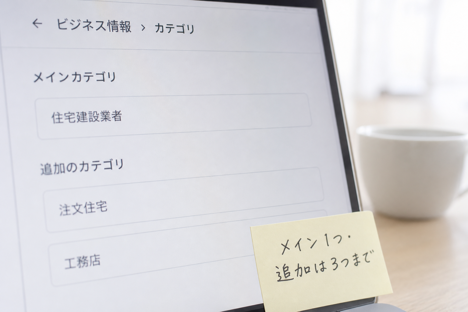 Googleビジネスプロフィールのカテゴリ設定画面でメインを住宅建設業者に、追加を注文住宅と工務店に設定した状態のマクロ接写