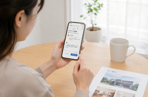 住宅会社の女性担当者がスマートフォンでGoogleビジネスプロフィールの口コミ返信画面を操作している一瞬