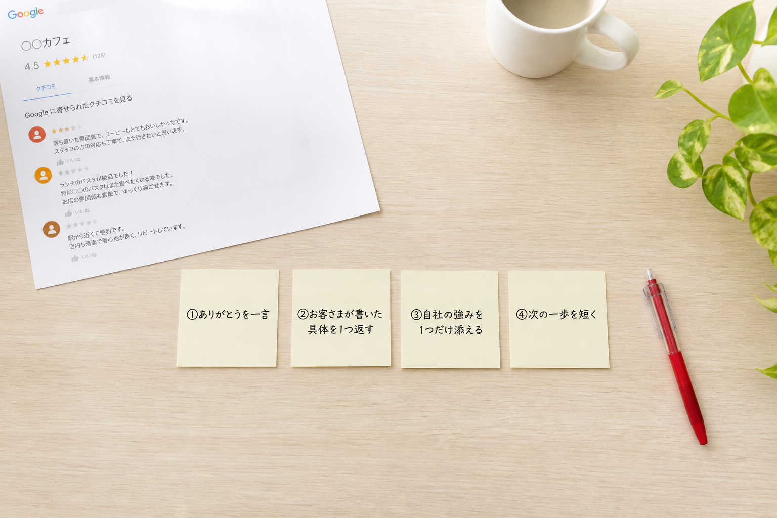 口コミ返信で埋める4要素——ありがとう/お客さまの具体/自社の強み1つ/次の一歩——の付箋を横1列に並べたフラットレイ俯瞰