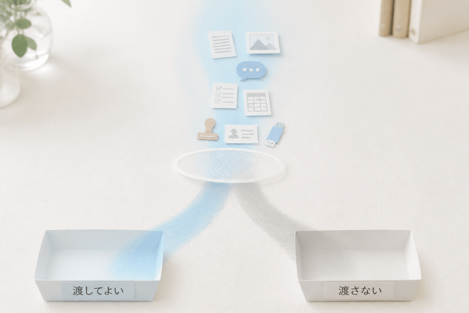 情報のふるいが上から流れ込むアイコンを渡してよいものと渡さないものへ左右に振り分ける抽象イメージ