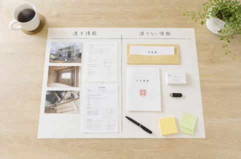机の真俯瞰。棚卸しシートの左列に写真・メモ・手順書、右列に見積書・注文請書・名刺・USBメモリが置かれている