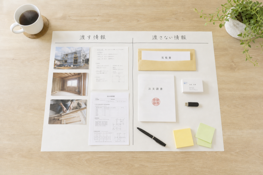 机の真俯瞰。棚卸しシートの左列に写真・メモ・手順書、右列に見積書・注文請書・名刺・USBメモリが置かれている