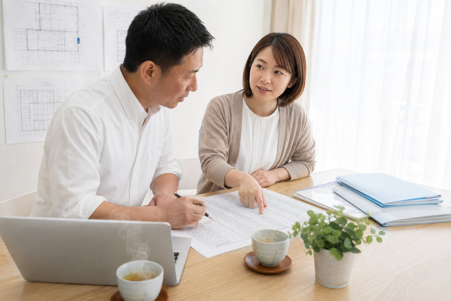 現場所長と事務担当者が棚卸しシートを一緒に指差しながら仕分けしている場面