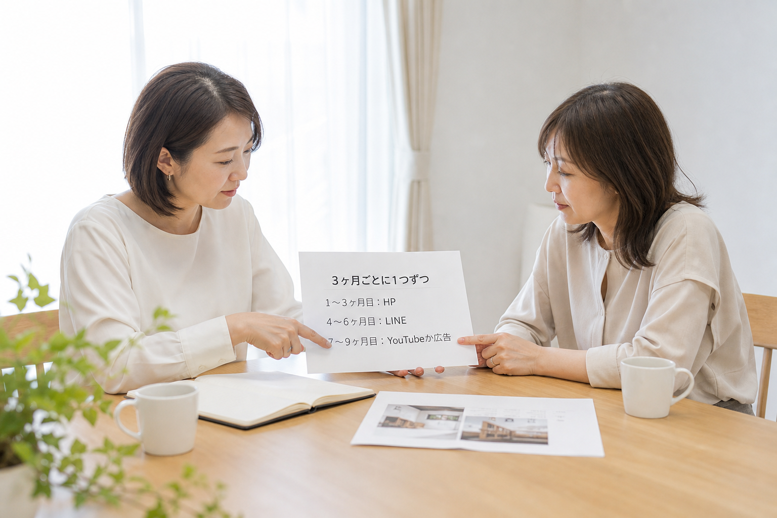 住宅会社の女性経営者と女性コンサルタントが「3ヶ月ごとに1つずつ」のロードマップ用紙を一緒に指差しながら話し合っている一瞬