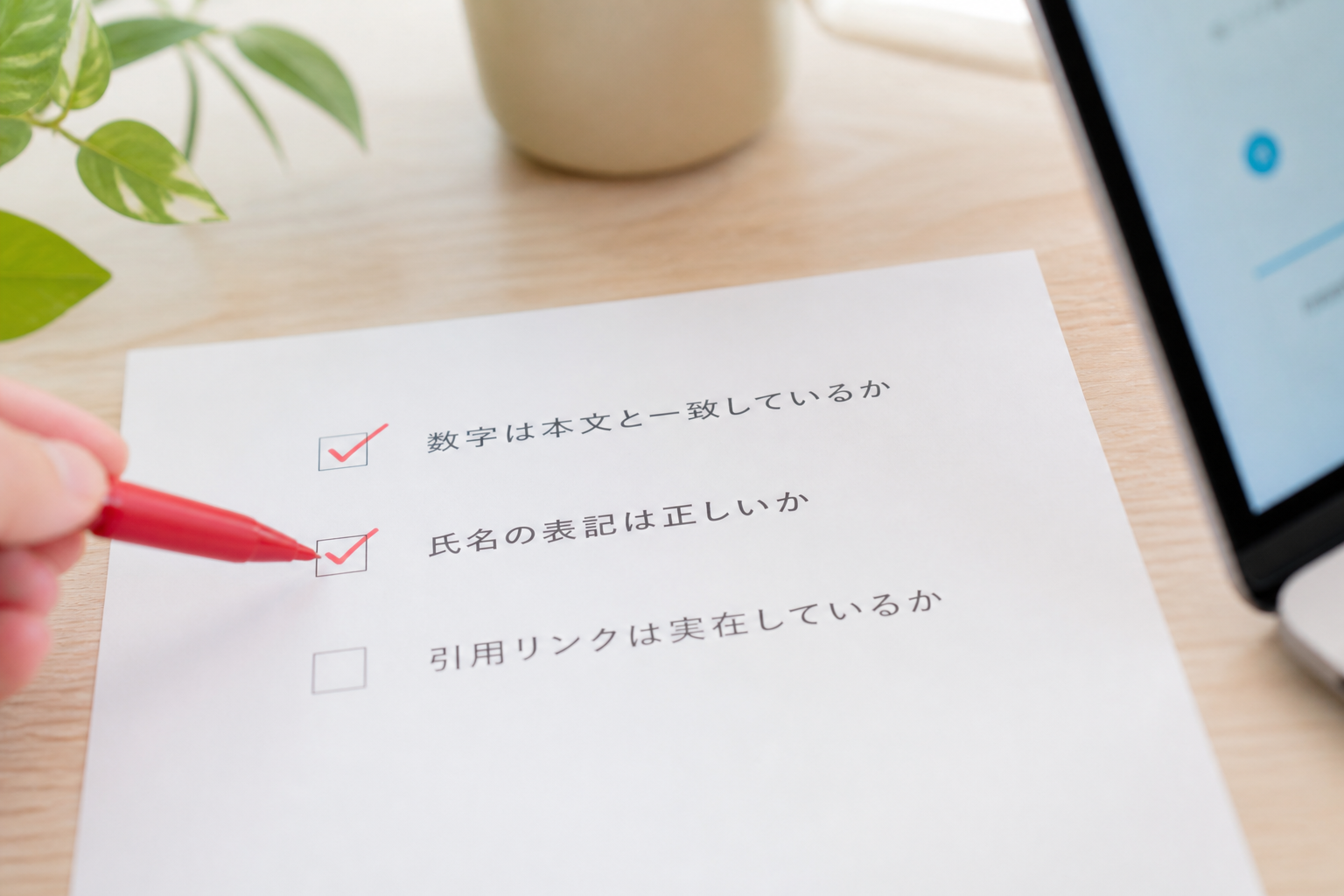 3項目のチェックリストに赤ペンで印を付けているマクロ接写