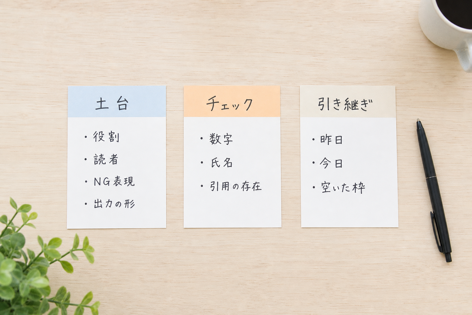 机上にA5カードを横一列に3枚並べた俯瞰。左から土台/チェック/引き継ぎ